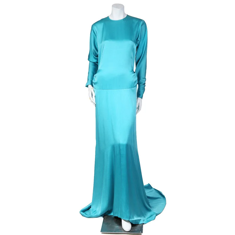 1980s Aqua Blue Long Sleeve Haute Couture Gown