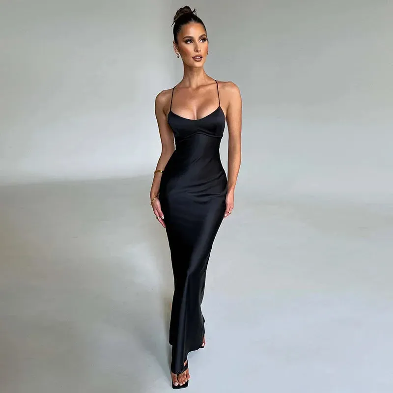 2024 Satin Backless Spaghetti Strap Sleeveless Bodycon Maxi Dress