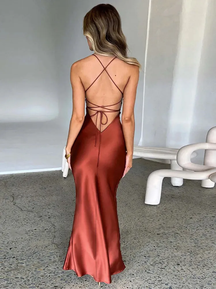 2024 Satin Backless Spaghetti Strap Sleeveless Bodycon Maxi Dress