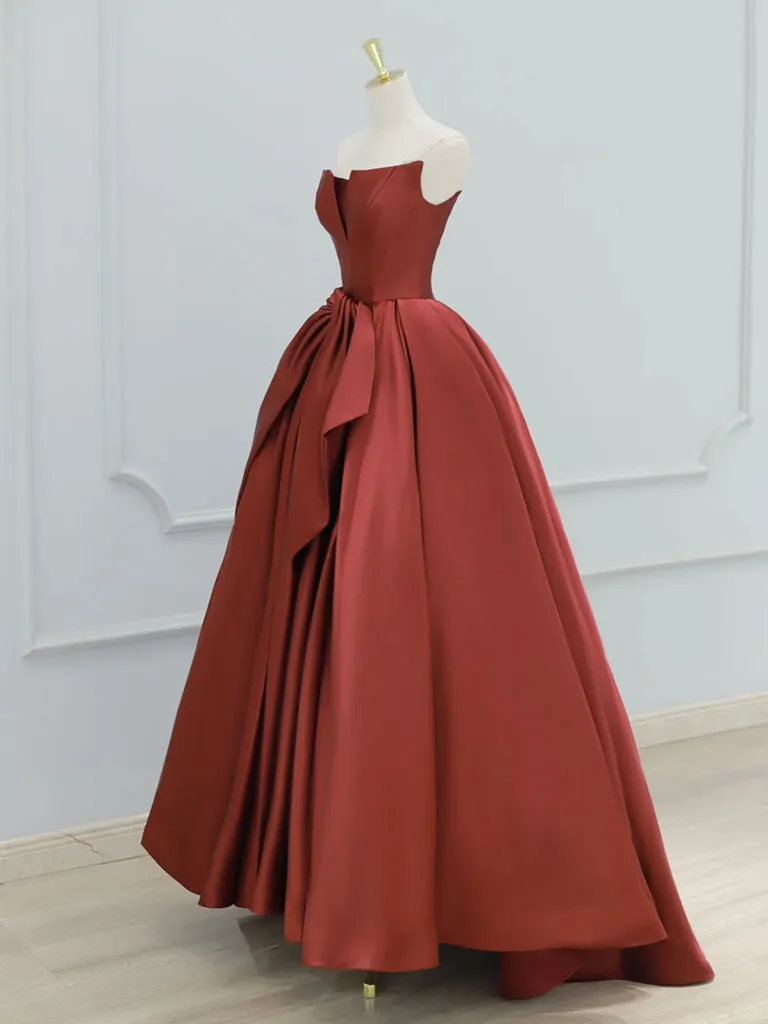 A-Line Satin Burgundy Long Prom Dress, Burgundy Long Evening Dress