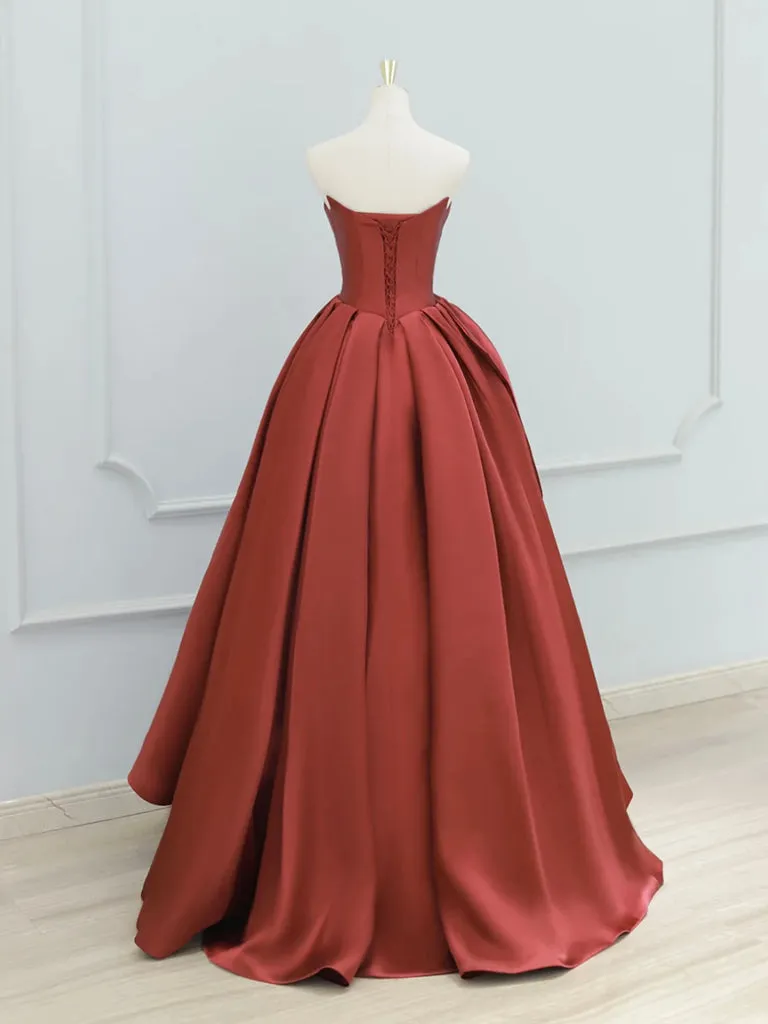 A-Line Satin Burgundy Long Prom Dress, Burgundy Long Evening Dress