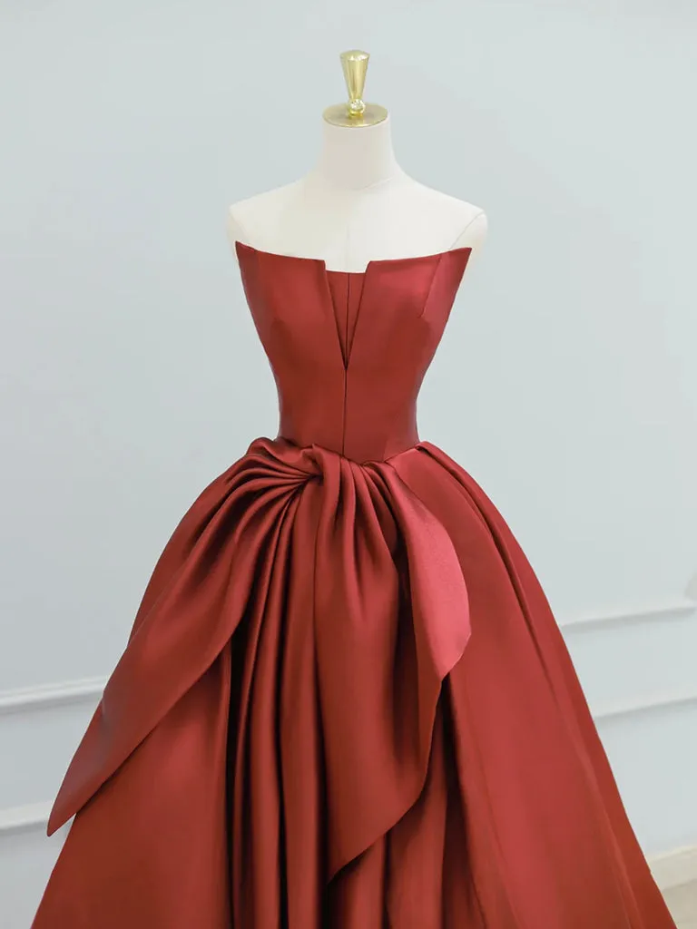 A-Line Satin Burgundy Long Prom Dress, Burgundy Long Evening Dress