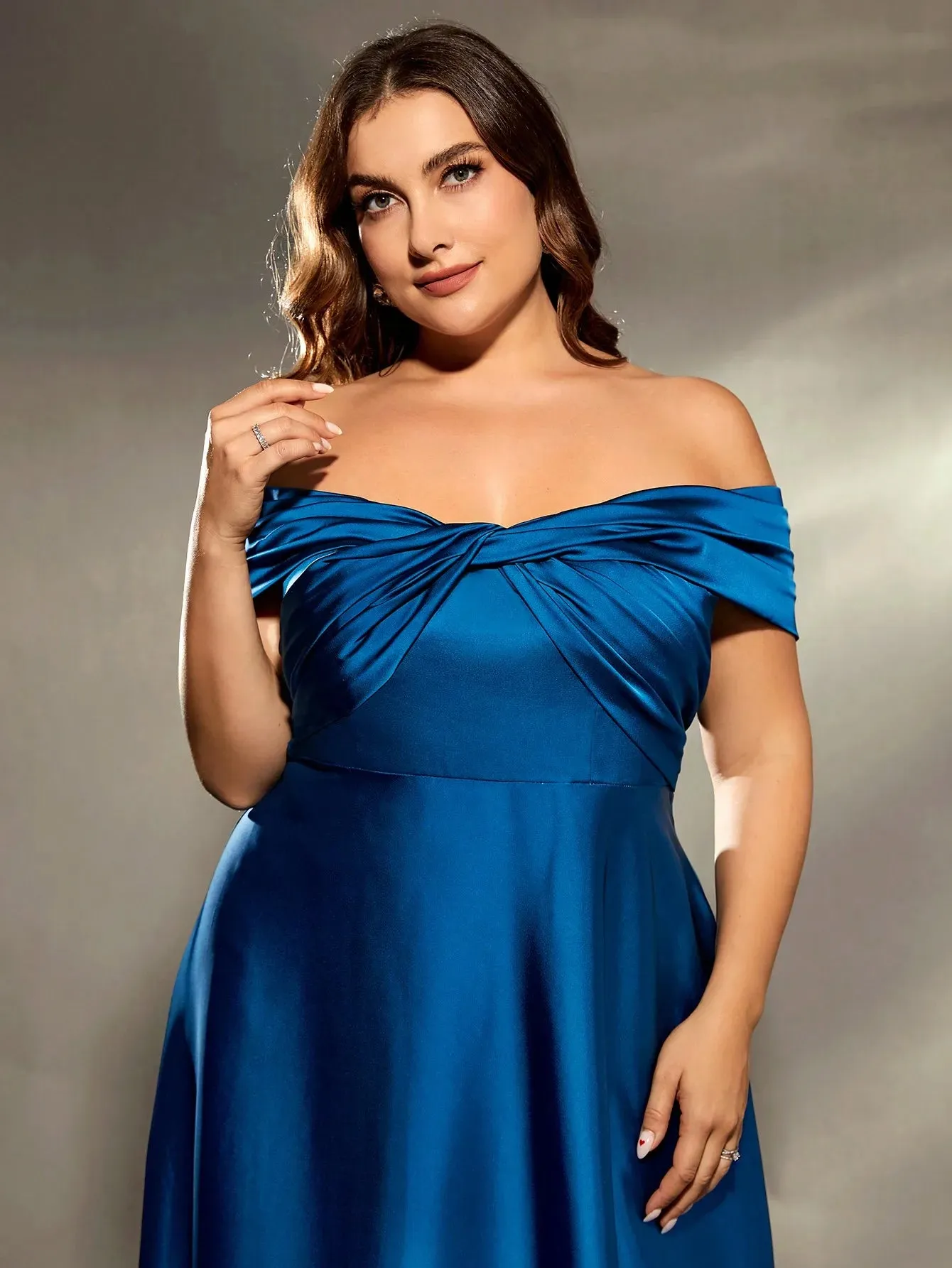 Blue Plus Size Off The Shoulder Satin Bridesmaid Party Dress