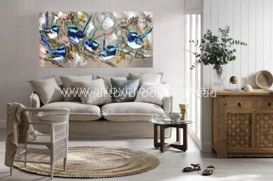 blue wrens and flowering gum -original on Belgian linen 75 x150 cm