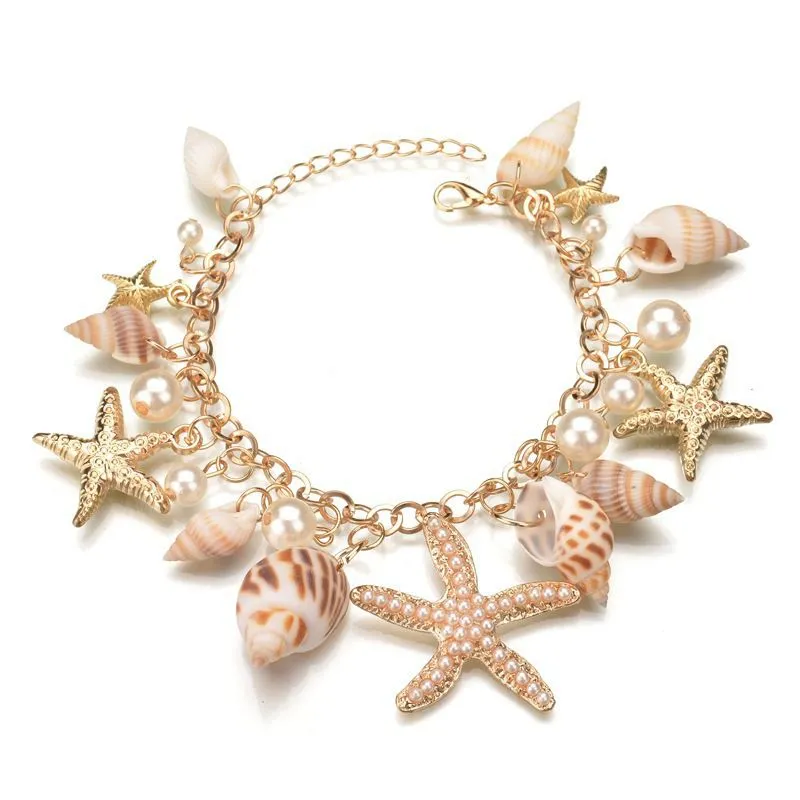 Boho Star Starfish Conch Shell Charm Multi-element Beach Bracelet Jewelry