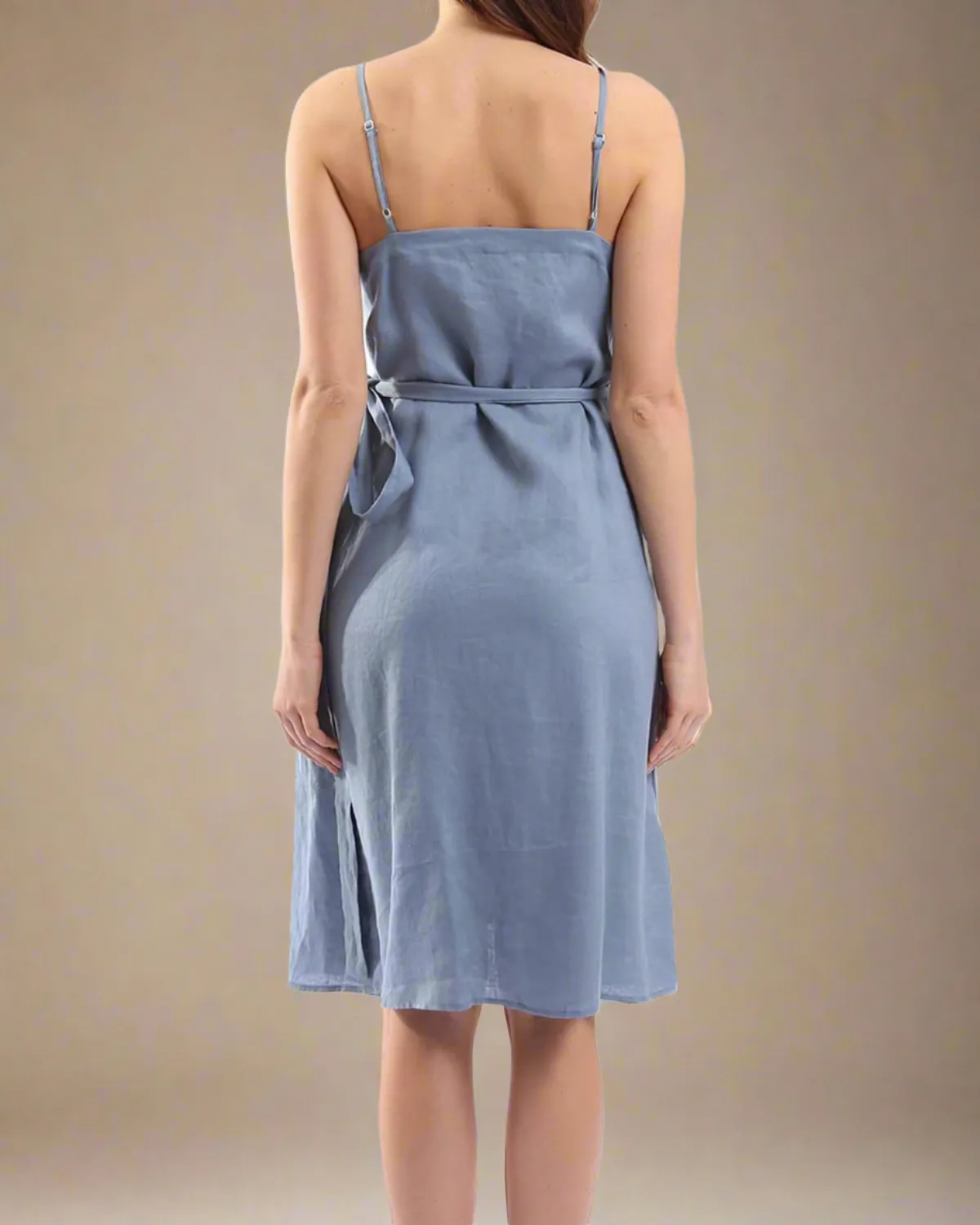 Celine Blue Linen Wrap Dress with Pockets