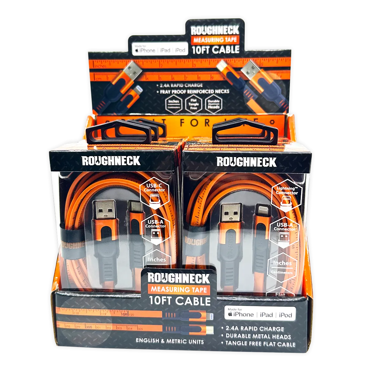 Charging Cable Flat Tape Measure Assortment 10FT 2.4 Amp - 6 Pieces Per Retail Ready Display  25090