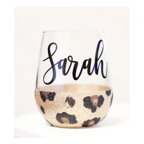 Cheetah Print personalized glitter stemless wine glass with name 21 oz