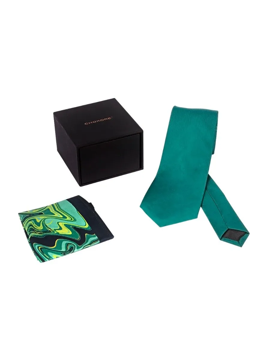 Chokore Dark Sea Green Silk Tie & Lemon Green & Black Silk Pocket Square from the Marble Design set