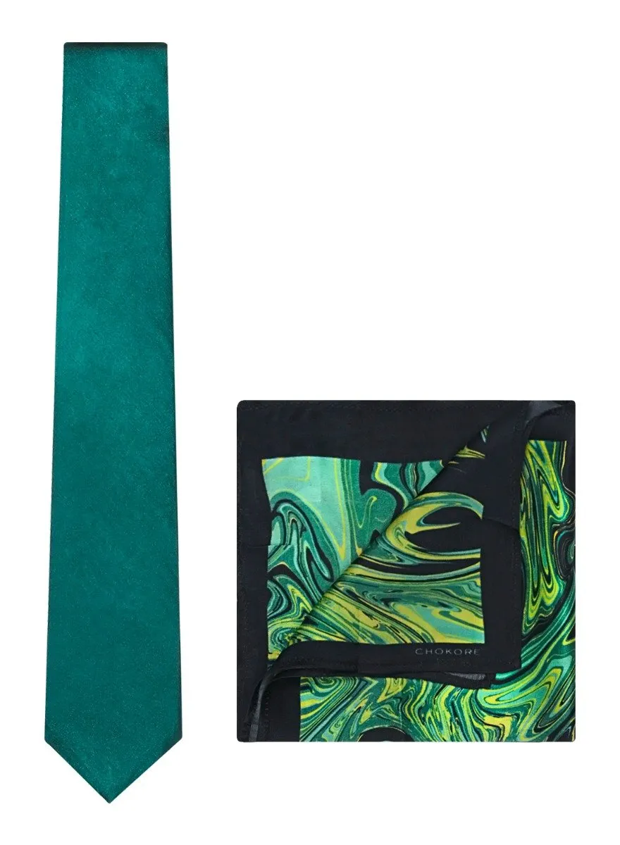 Chokore Dark Sea Green Silk Tie & Lemon Green & Black Silk Pocket Square from the Marble Design set