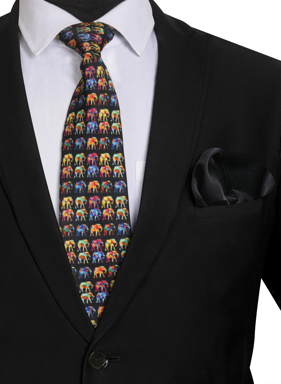 Chokore Multi-colour Elephants Silk Tie - Wildlife range & Printed Pure Silk Pocket Square set