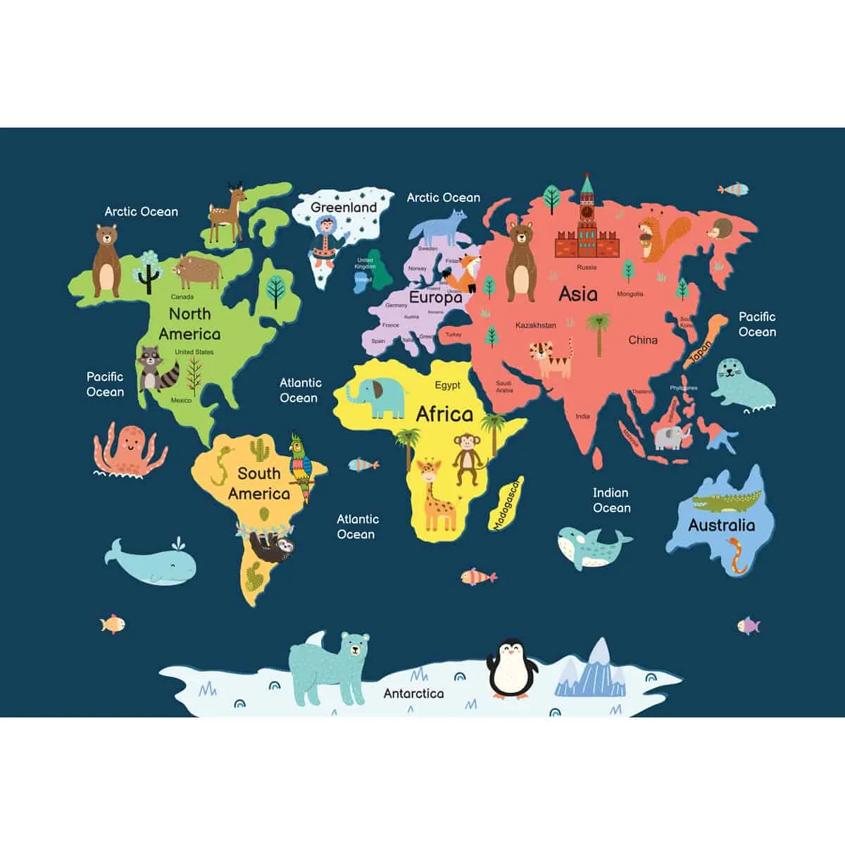 Colorful World Map with Animals for Kids Room Wallpaper