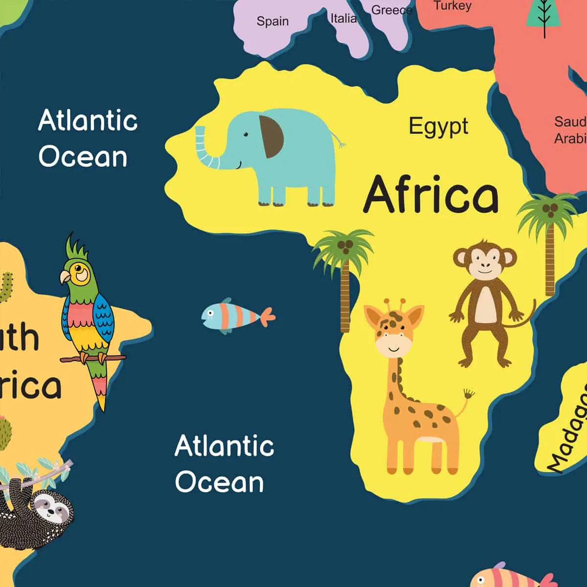 Colorful World Map with Animals for Kids Room Wallpaper