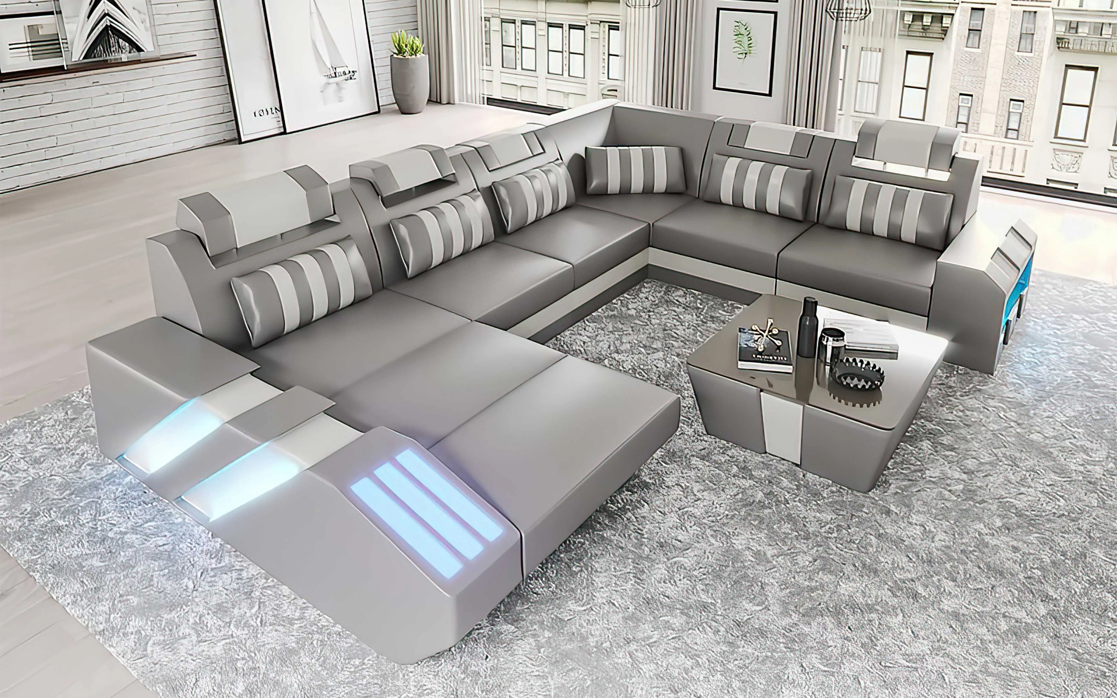 Cosmo Modern Leather Sectional with LED