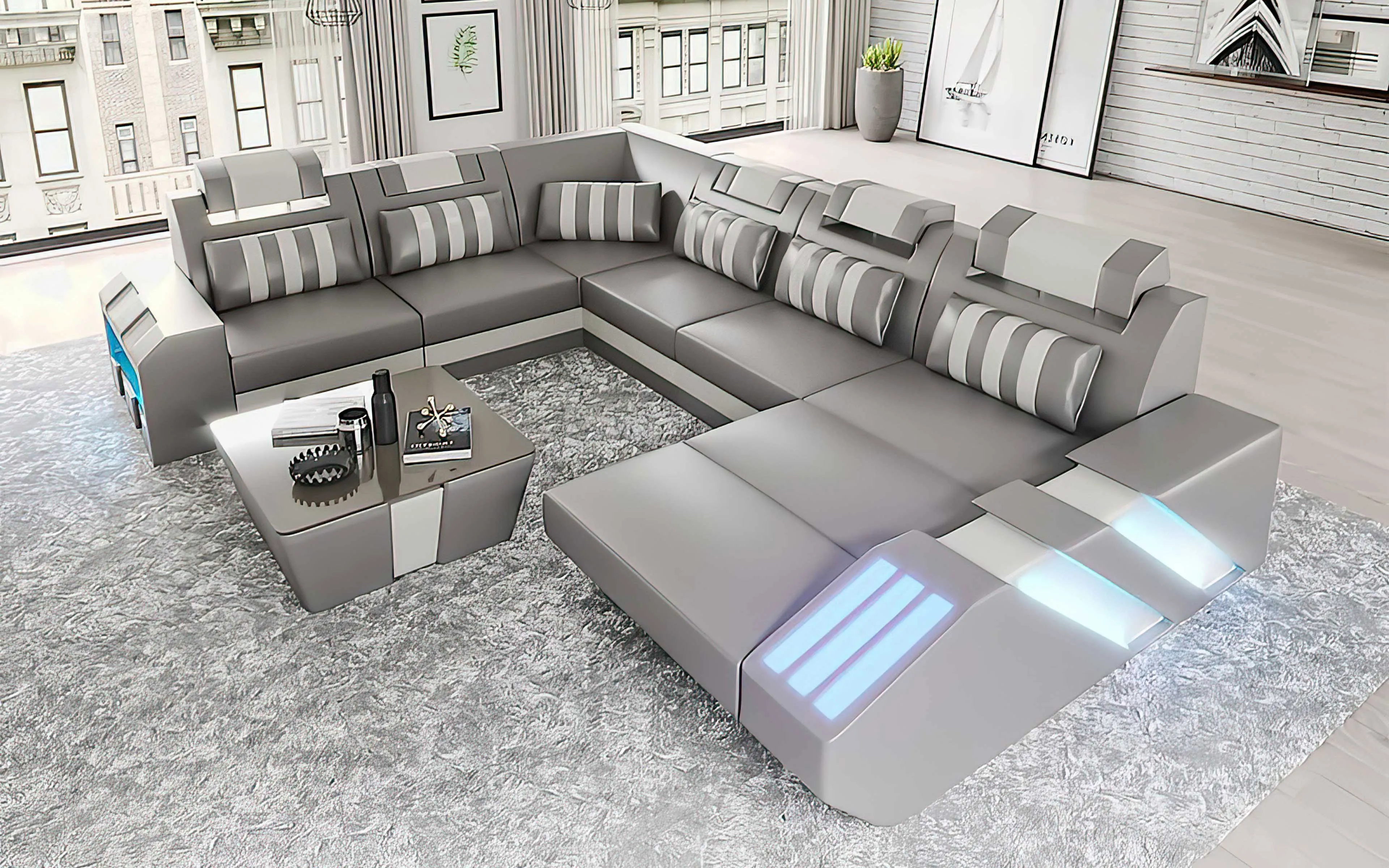 Cosmo Modern Leather Sectional with LED