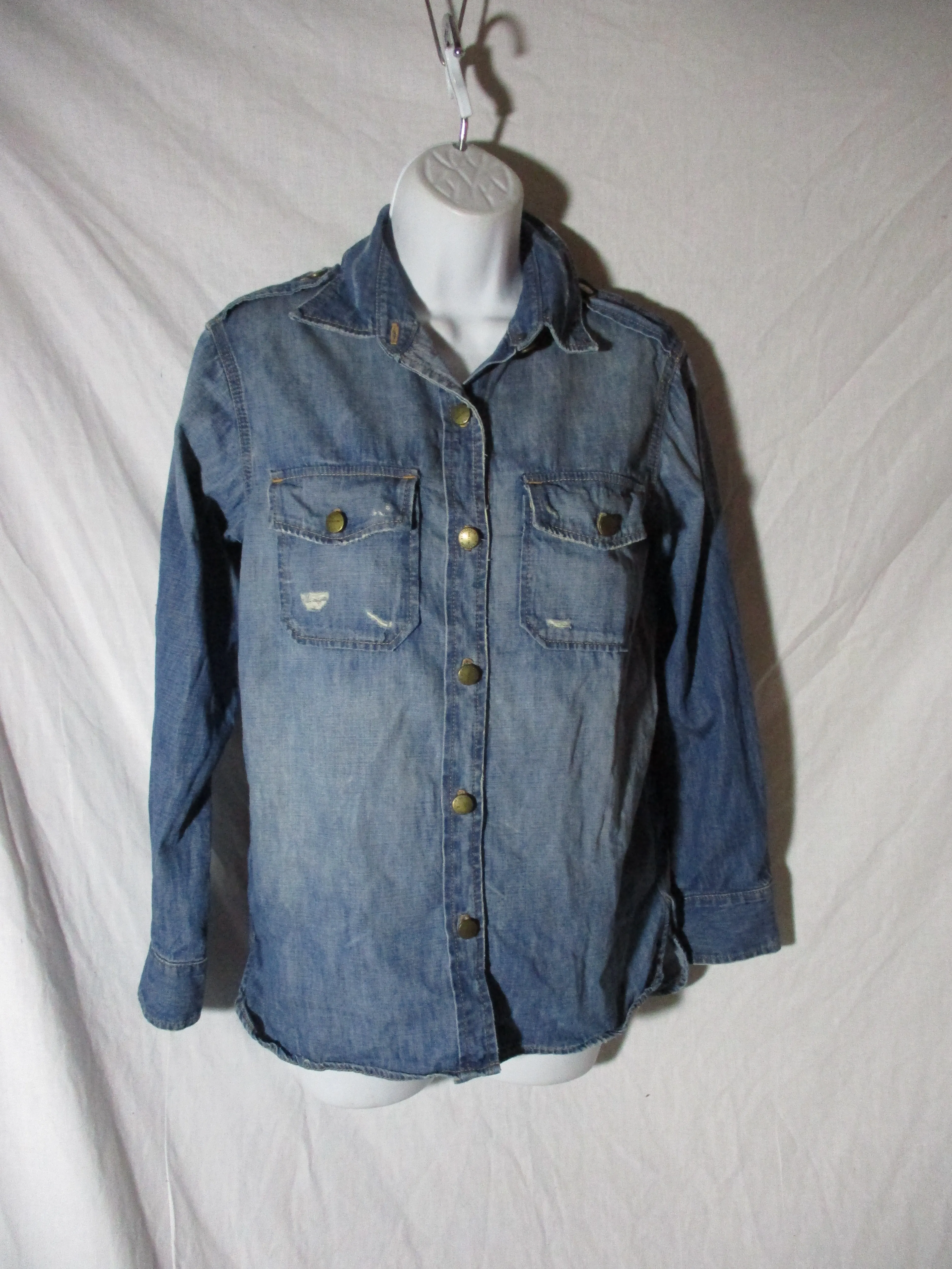 CURRENT ELLIOTT MINER DESTROY Denim Trucker Button-Up Top Shirt Jean Jacket BLUE 1