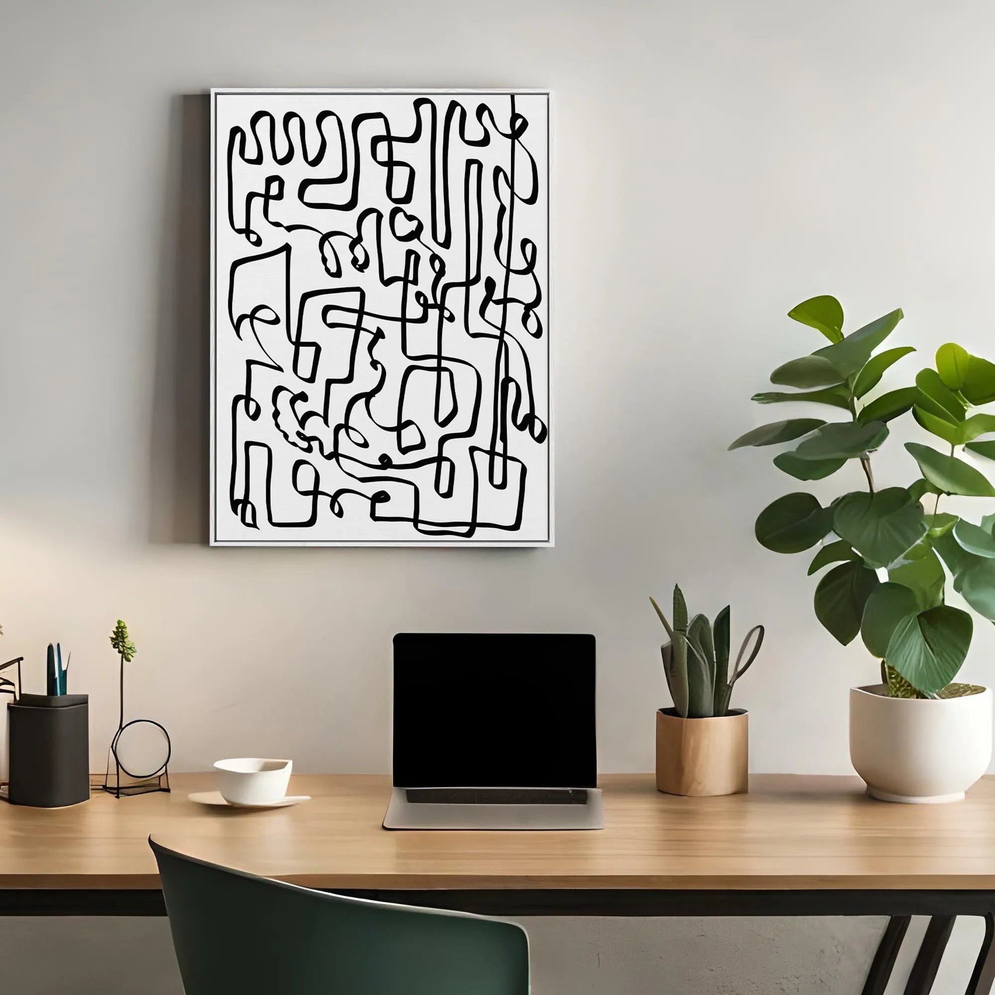 Curved Black Lines Framed Canvas