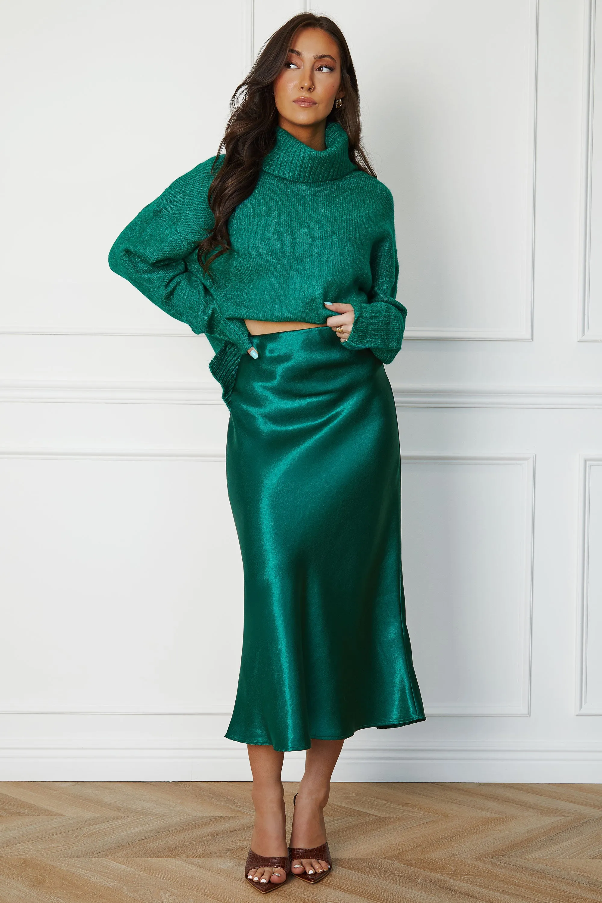 Eira Dark Green Satin Maxi Skirt