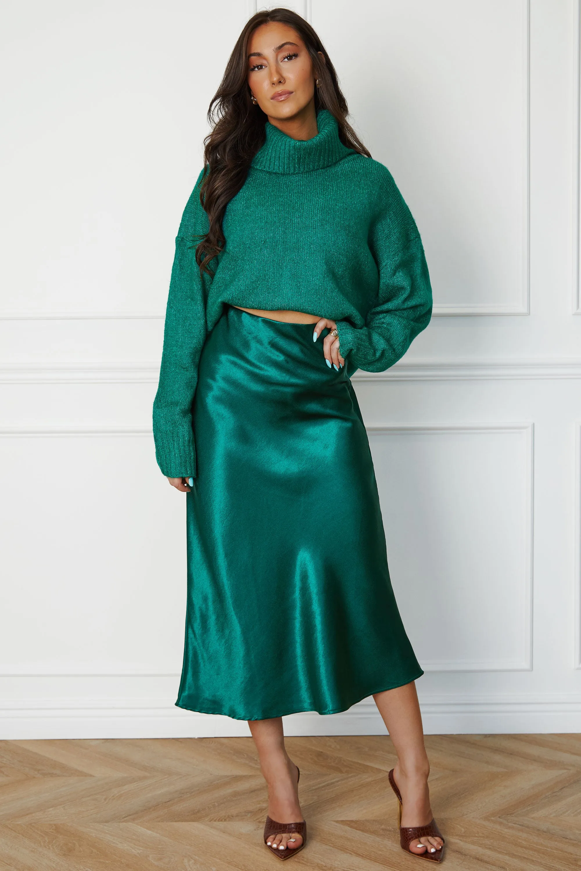 Eira Dark Green Satin Maxi Skirt