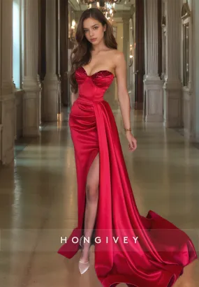 Elegant Red Satin Sweetheart Night Party Dress Strapless High Split Mermaid Prom Dress