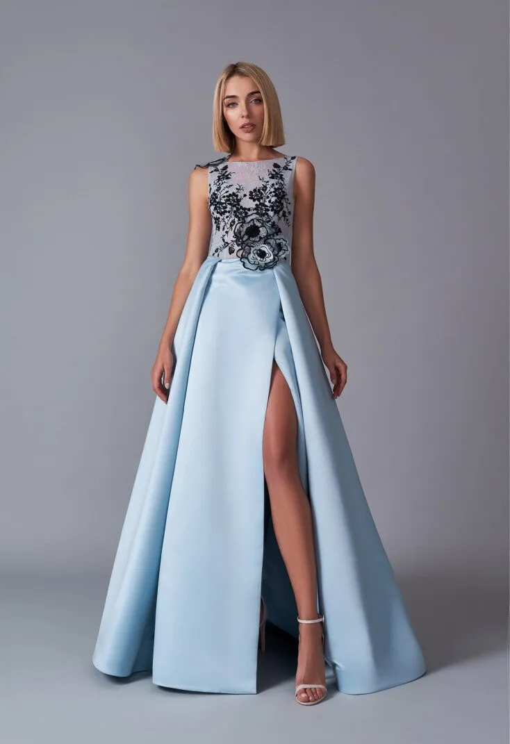 Evening Gown in Red/Sky Blue with a Front Slit