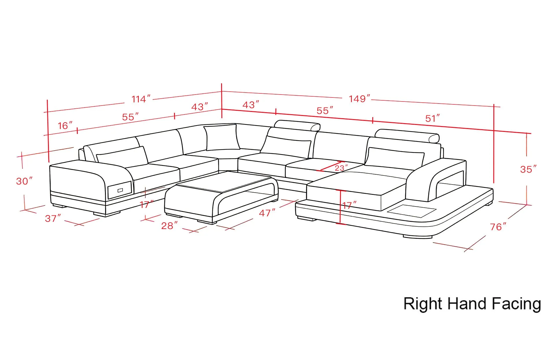 Everly Italian Leather Sectional-Red & Black