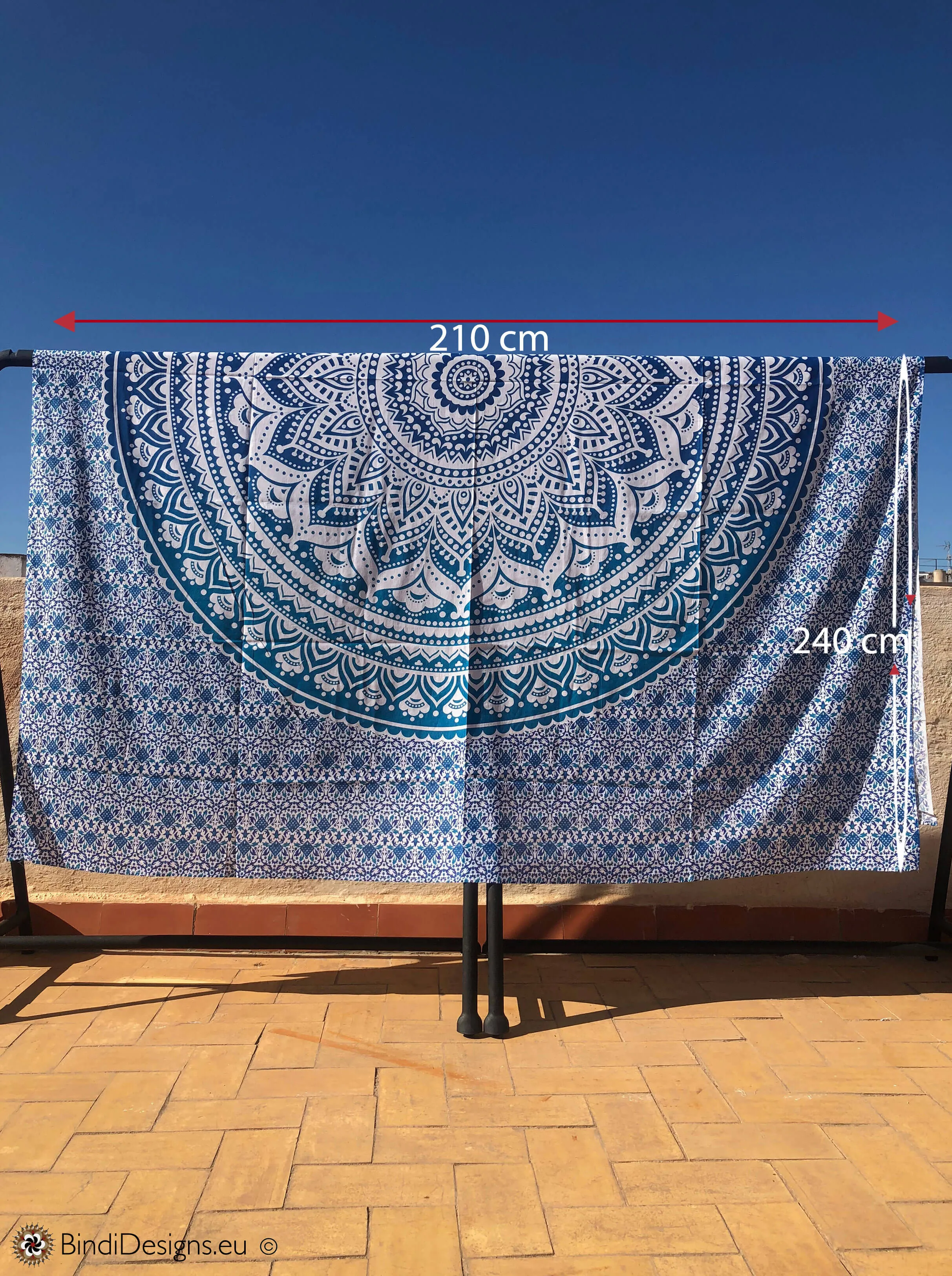 Extra Large Cotton Throw with Blue Mandala Pattern