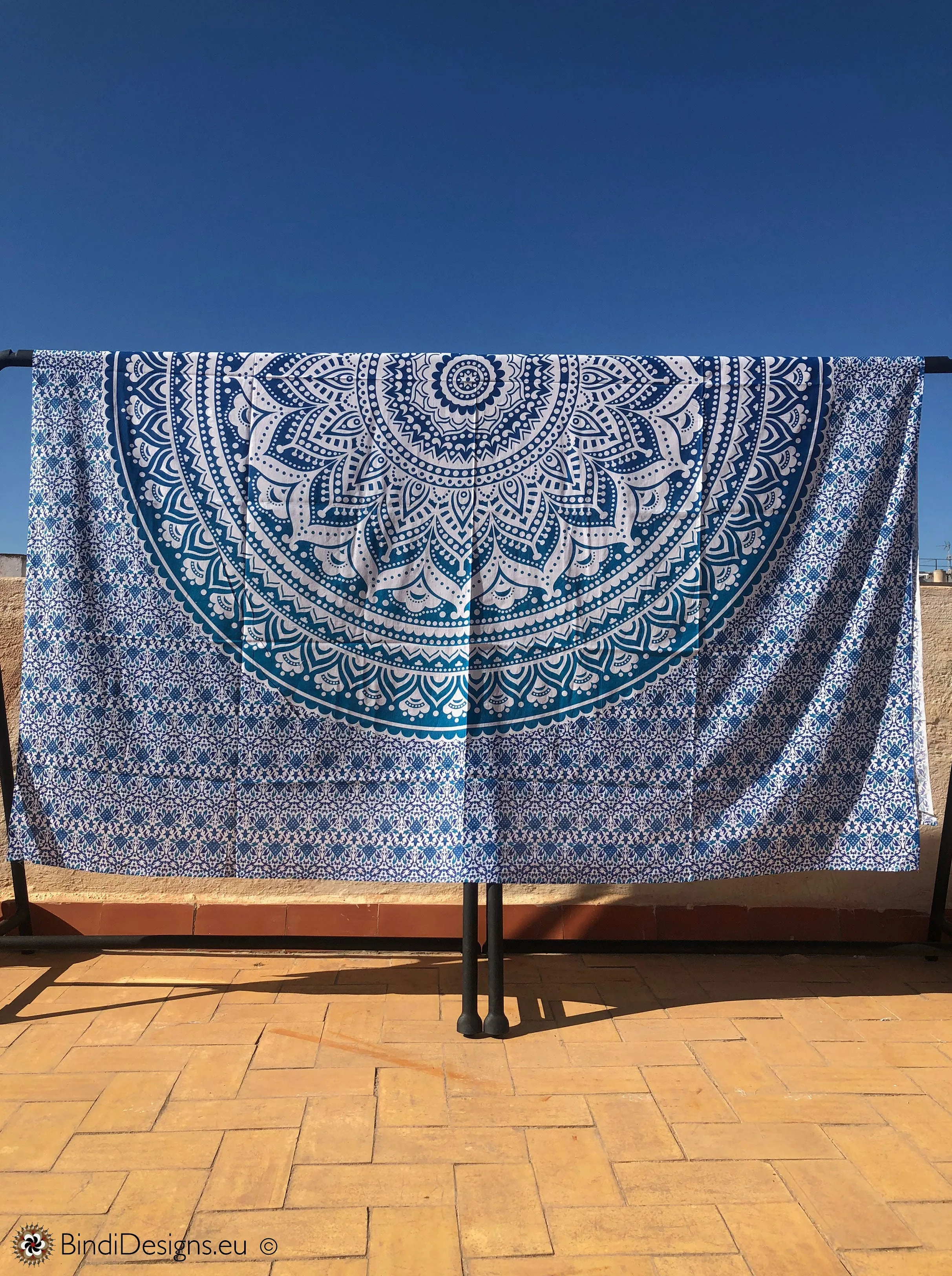 Extra Large Cotton Throw with Blue Mandala Pattern