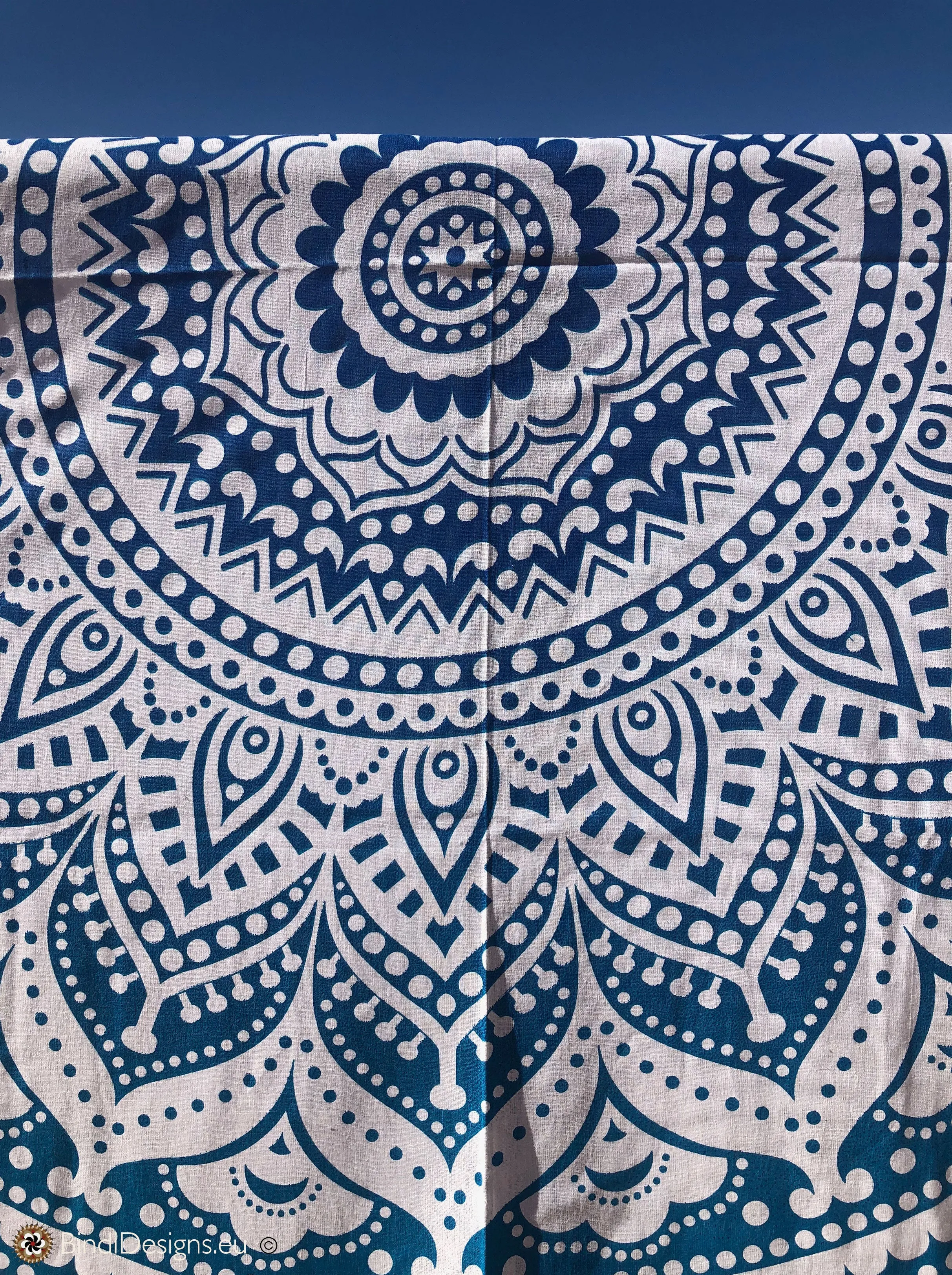 Extra Large Cotton Throw with Blue Mandala Pattern