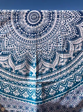 Extra Large Cotton Throw with Blue Mandala Pattern