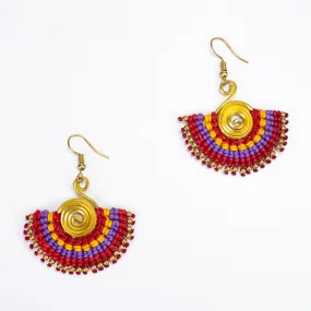 Fan Red Purple Waxed String Spiral Brass Earrings