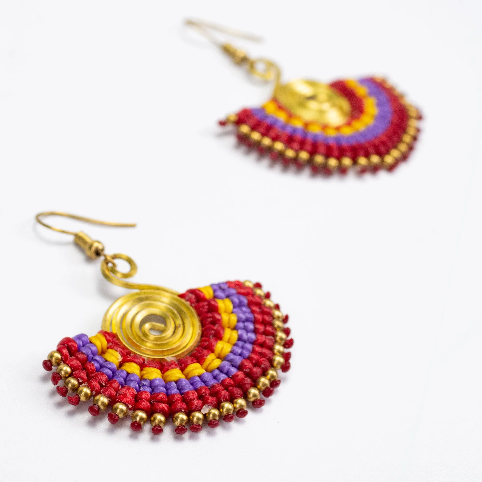 Fan Red Purple Waxed String Spiral Brass Earrings