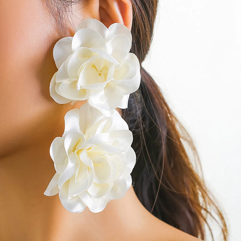 FOR YOU IN FULL BLOSSOM Silky Satin Double Rosette Drop Earrings