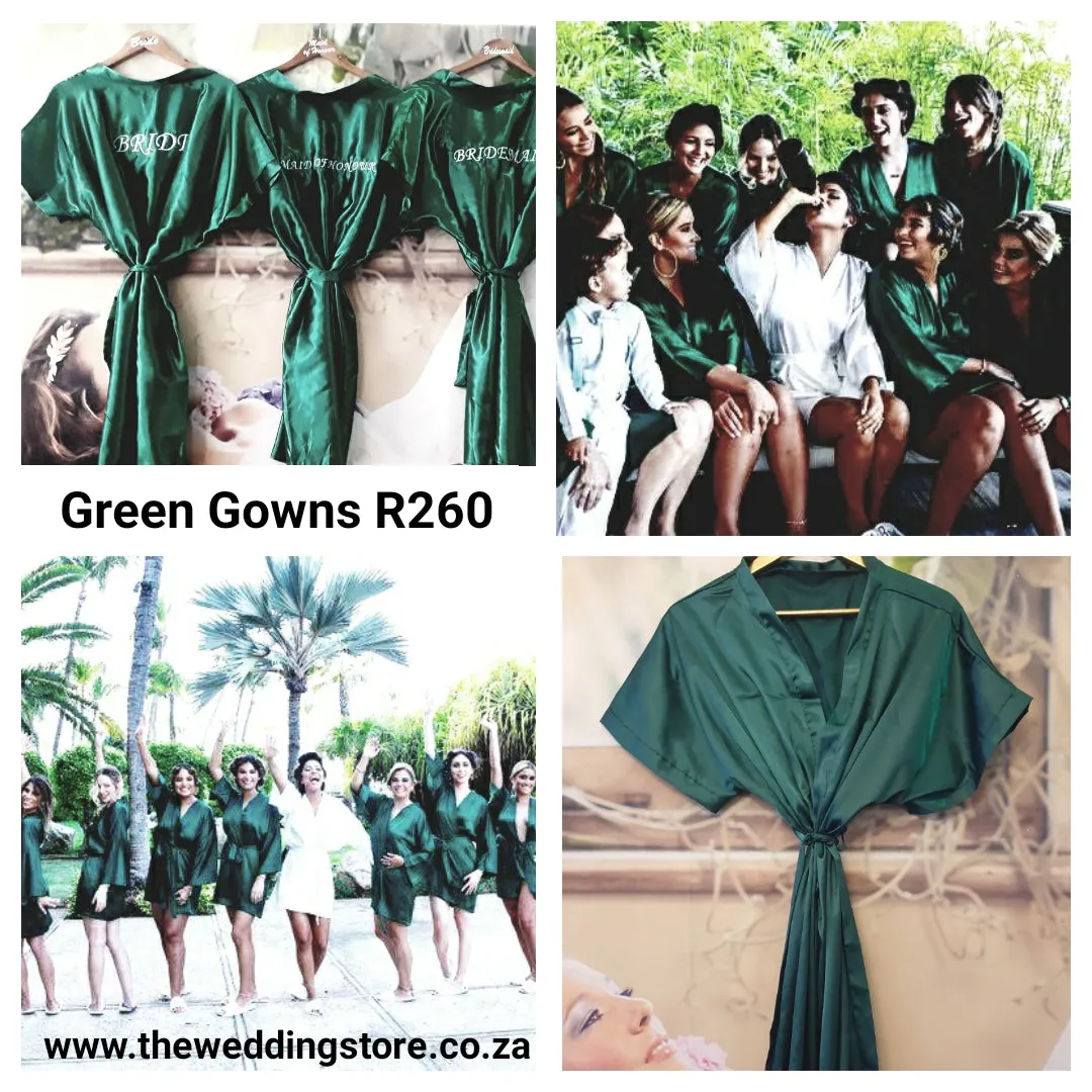 FOREST GREEN SATIN GOWNS WITH WHITE EMBROIDERY