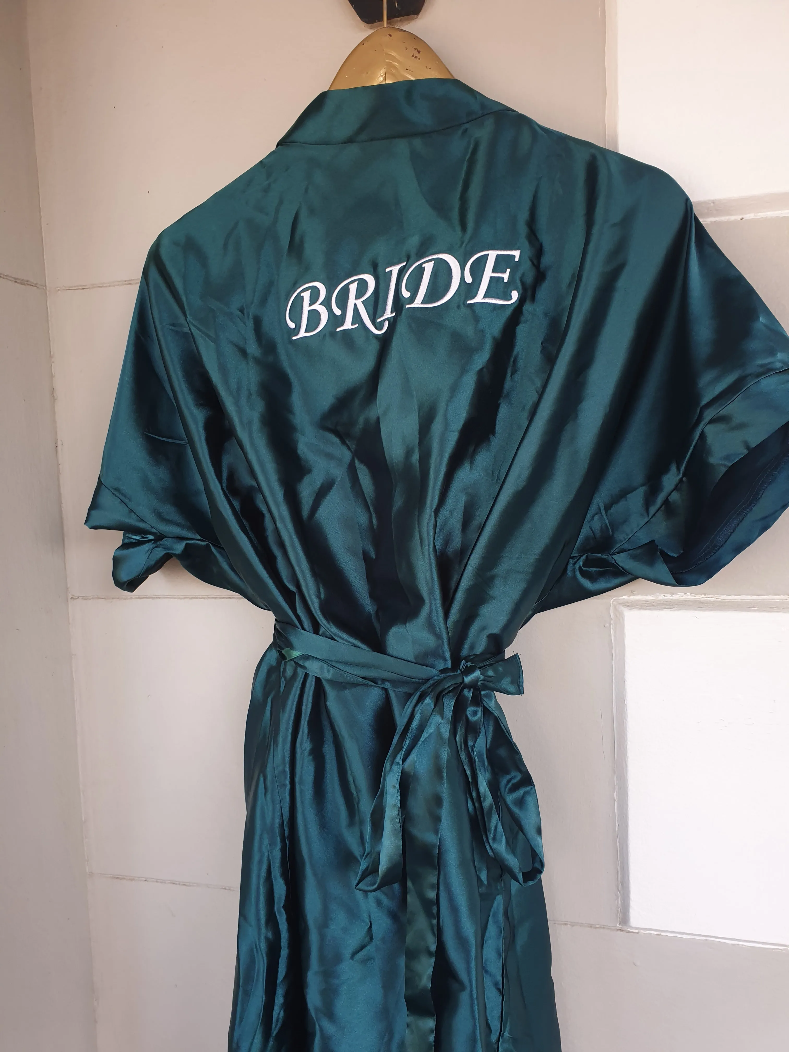 FOREST GREEN SATIN GOWNS WITH WHITE EMBROIDERY