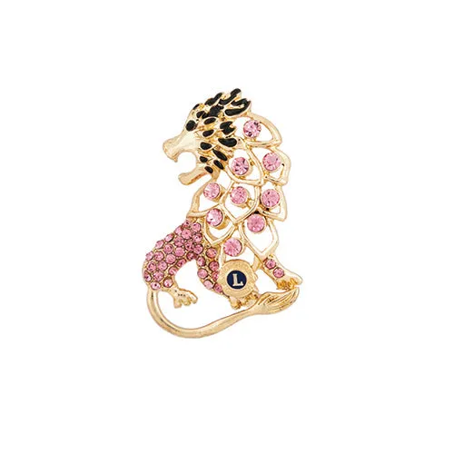 GOLDTONE PNK CRYSTAL LION PIN