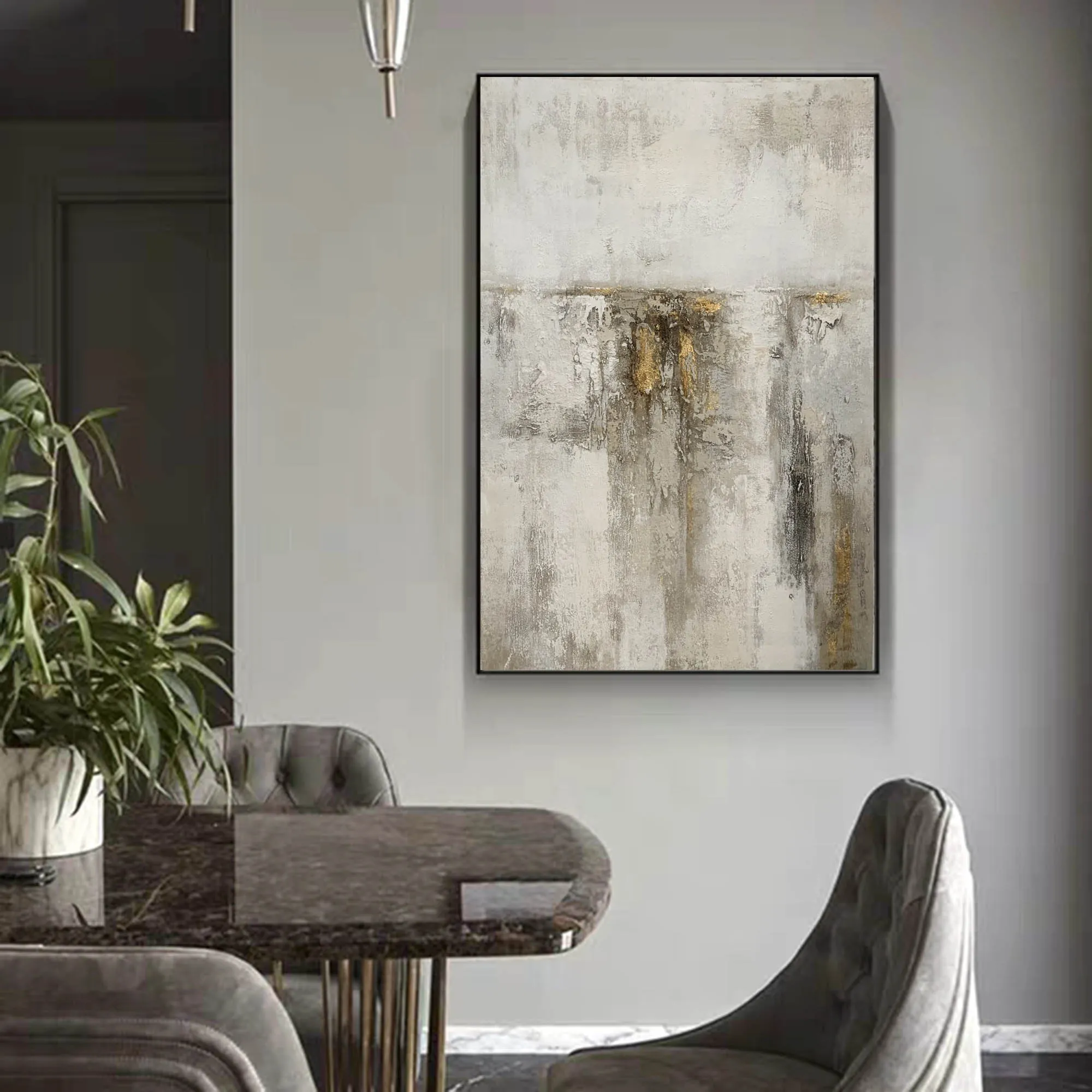 Gray White Gold Abstract Acrylic Painting on Canvas Textured Wall Art Op093