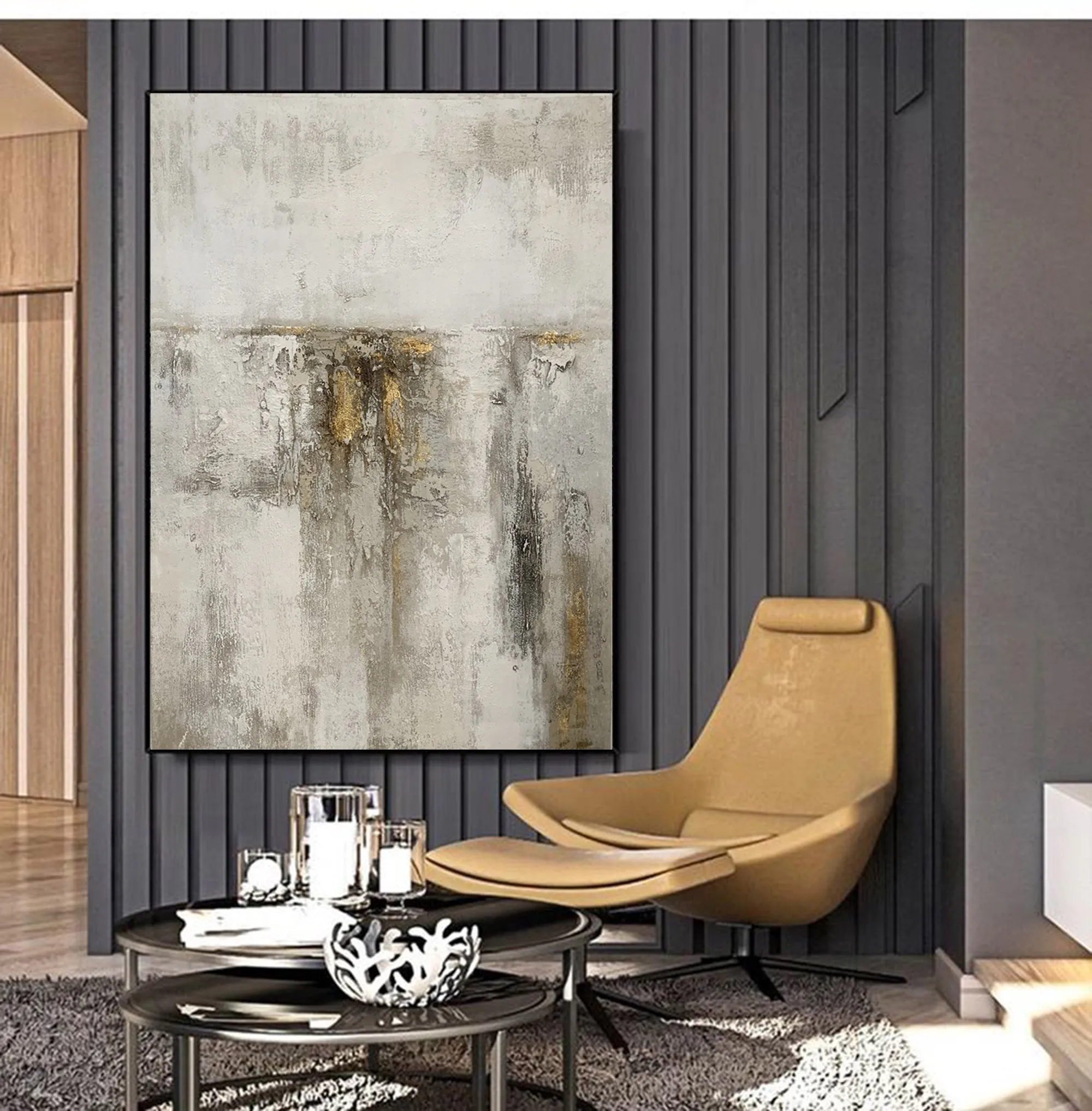 Gray White Gold Abstract Acrylic Painting on Canvas Textured Wall Art Op093