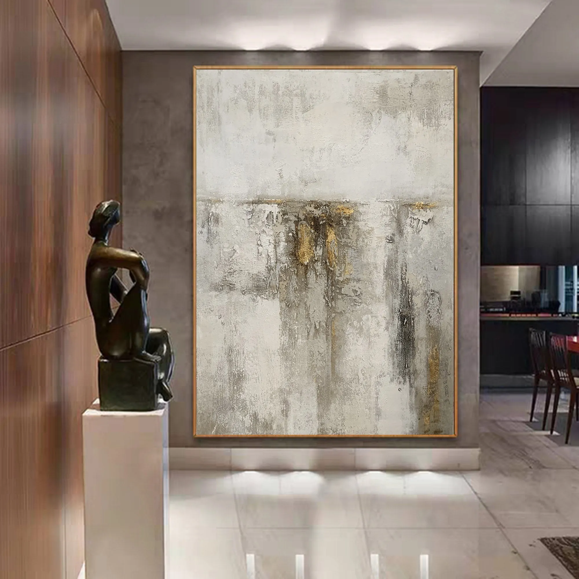 Gray White Gold Abstract Acrylic Painting on Canvas Textured Wall Art Op093