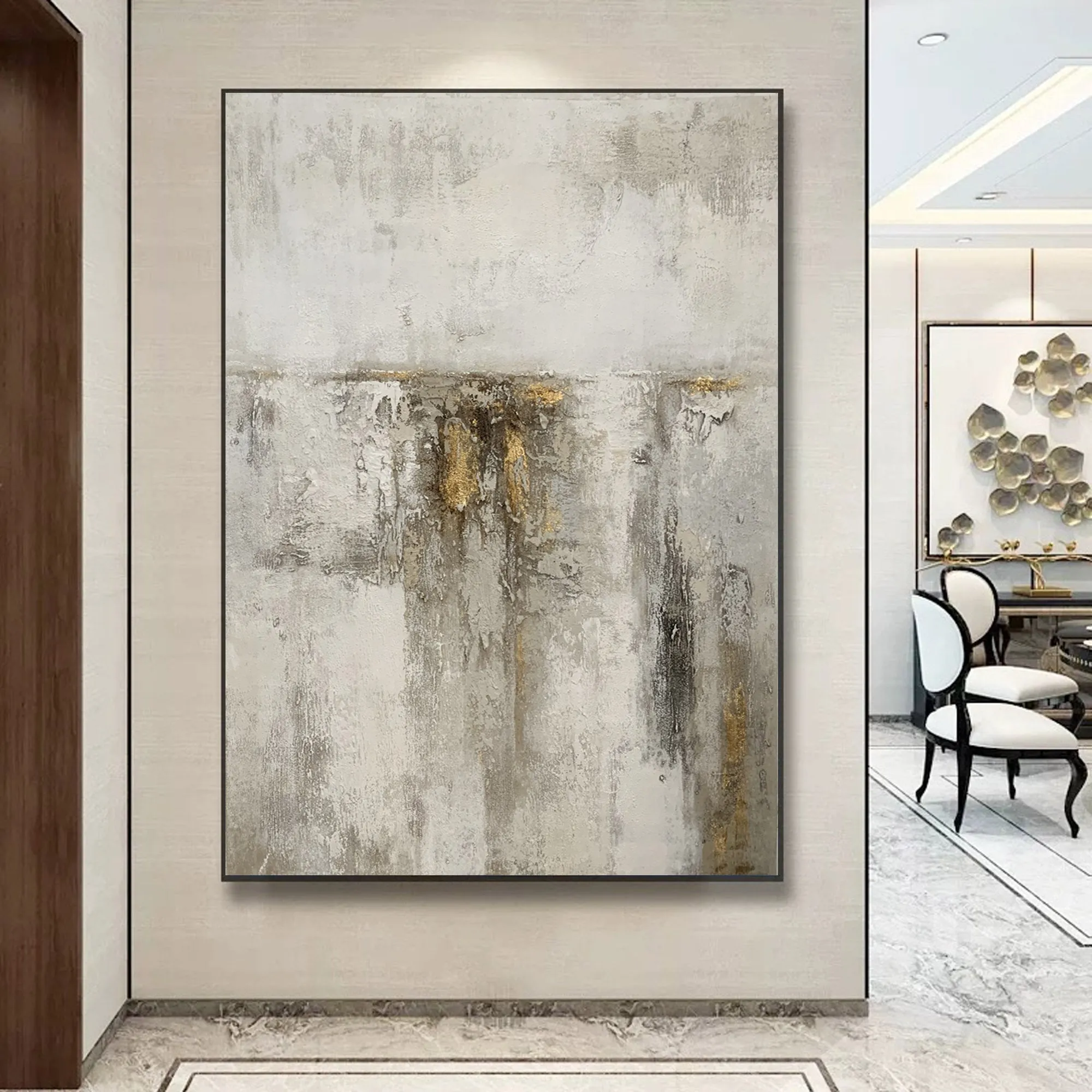 Gray White Gold Abstract Acrylic Painting on Canvas Textured Wall Art Op093