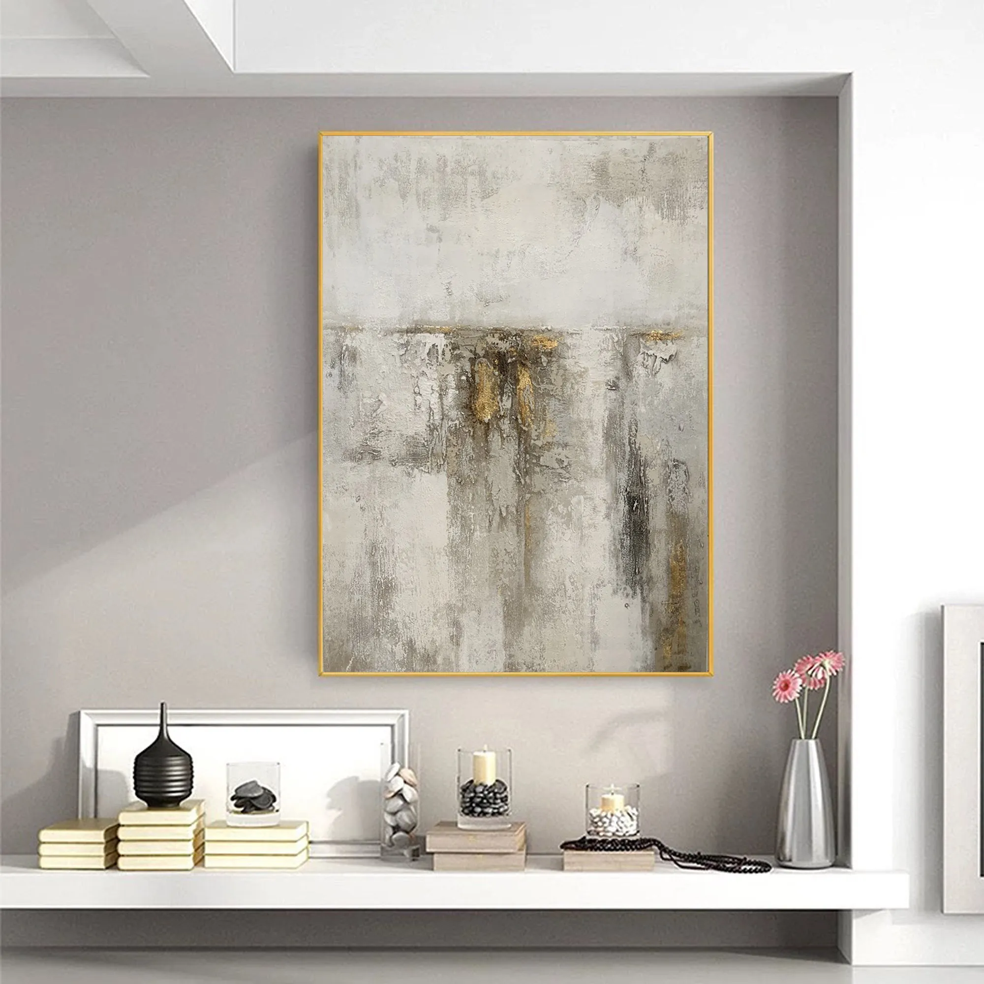 Gray White Gold Abstract Acrylic Painting on Canvas Textured Wall Art Op093