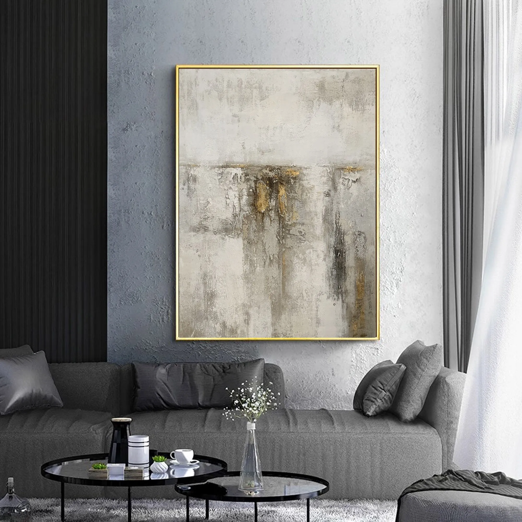 Gray White Gold Abstract Acrylic Painting on Canvas Textured Wall Art Op093