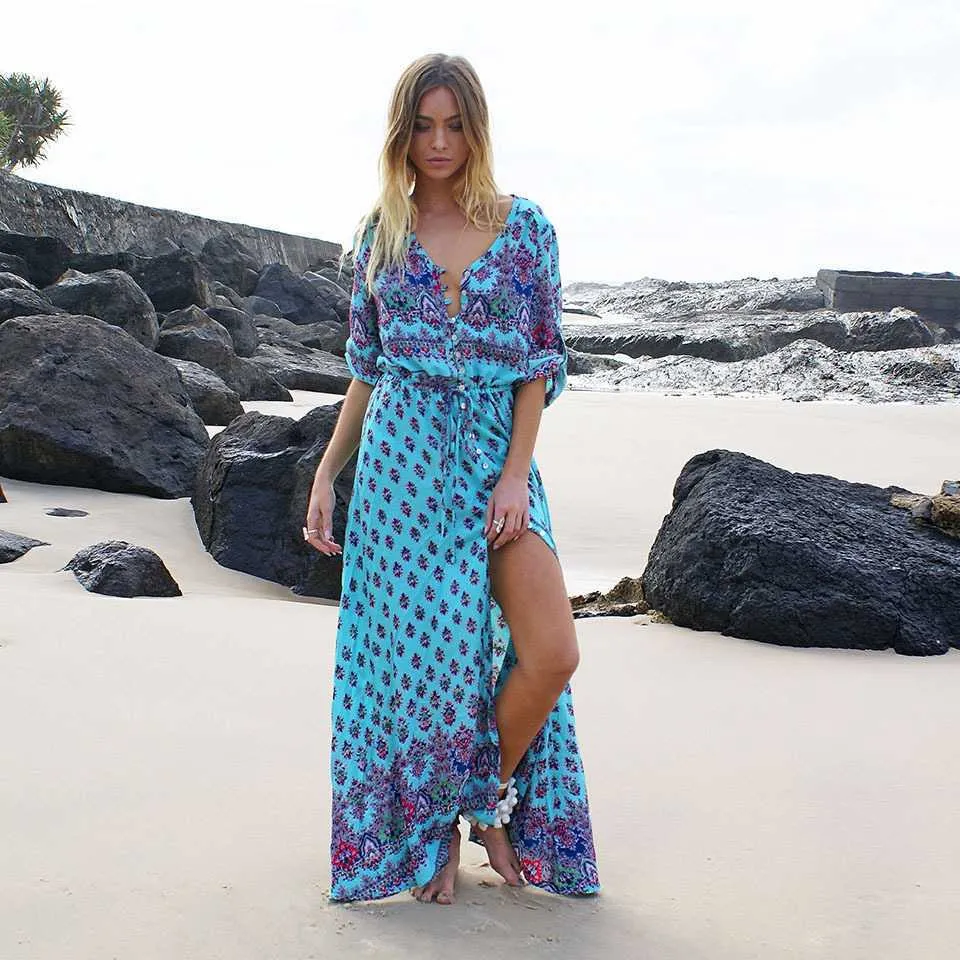 Hippie Gypsy Boho Long Beach Dress Maxi Cover Ups Beachwear