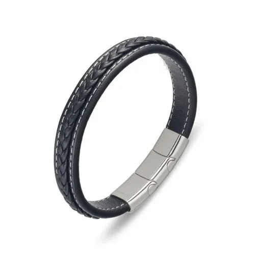 Leather & Stainless Steel Men's Bracelet - Braid With Stitching Various