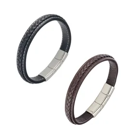 Leather & Stainless Steel Men's Bracelet - Braid With Stitching Various