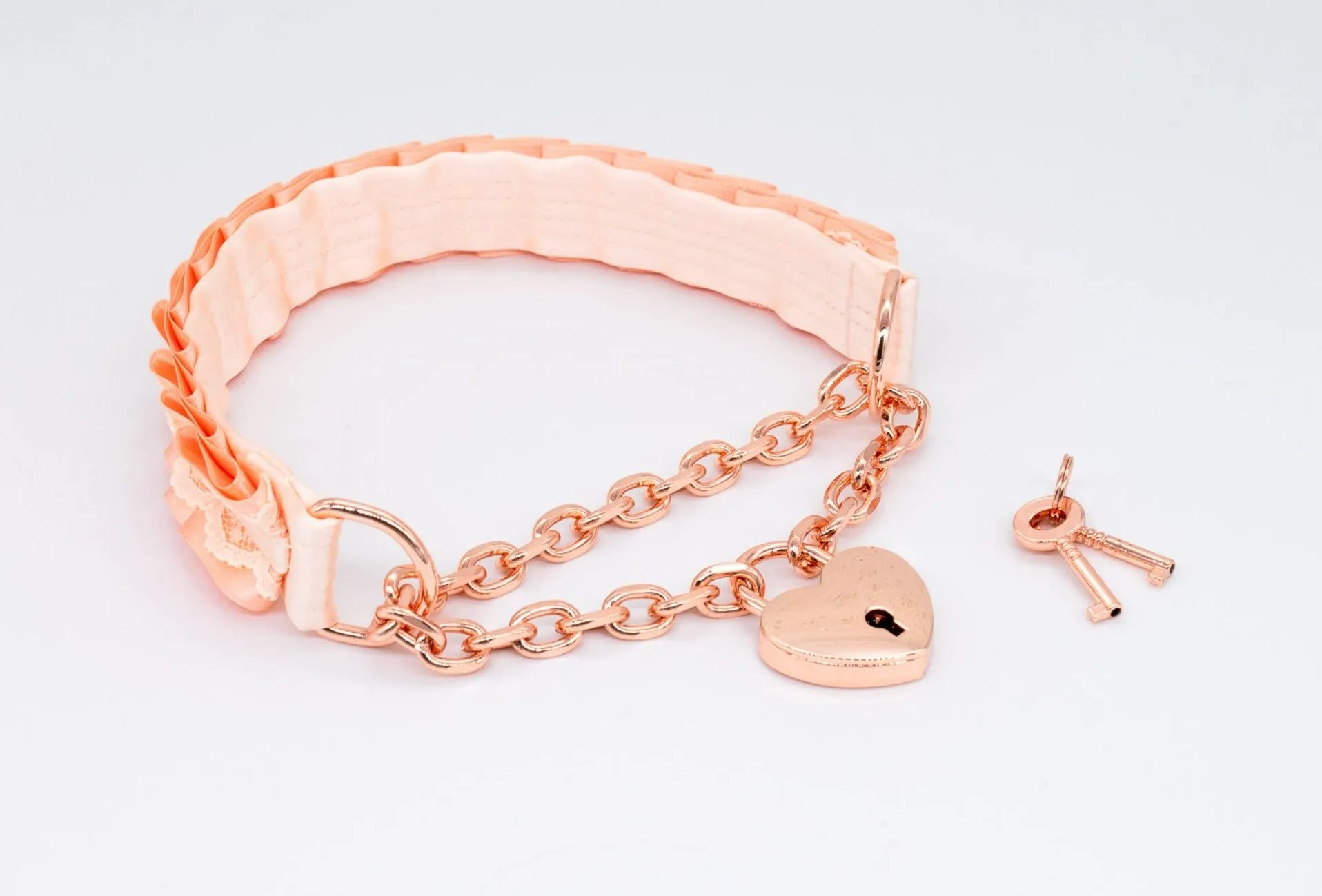 Peach and Cream Lace Front-Locking Martingale BDSM Collar in Rose Gold