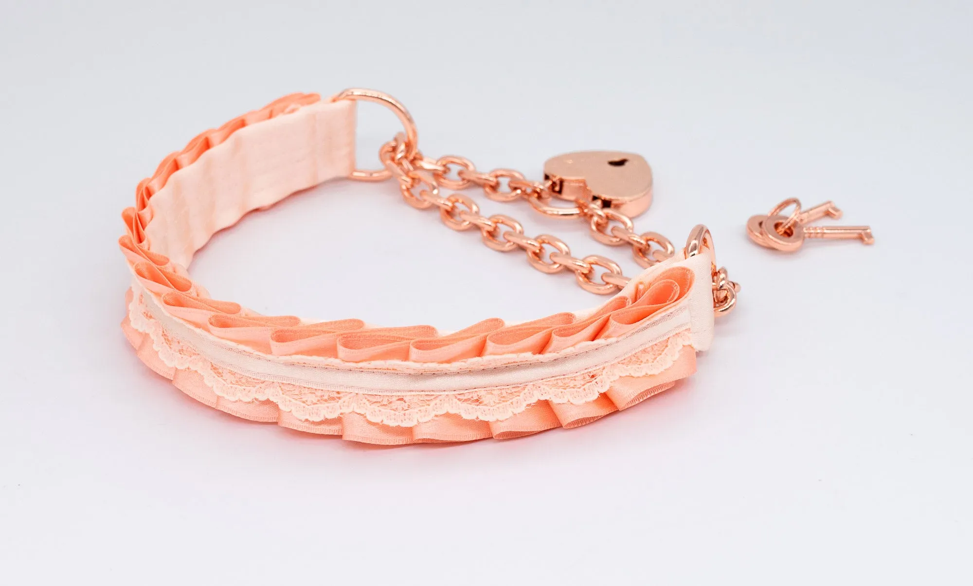 Peach and Cream Lace Front-Locking Martingale BDSM Collar in Rose Gold