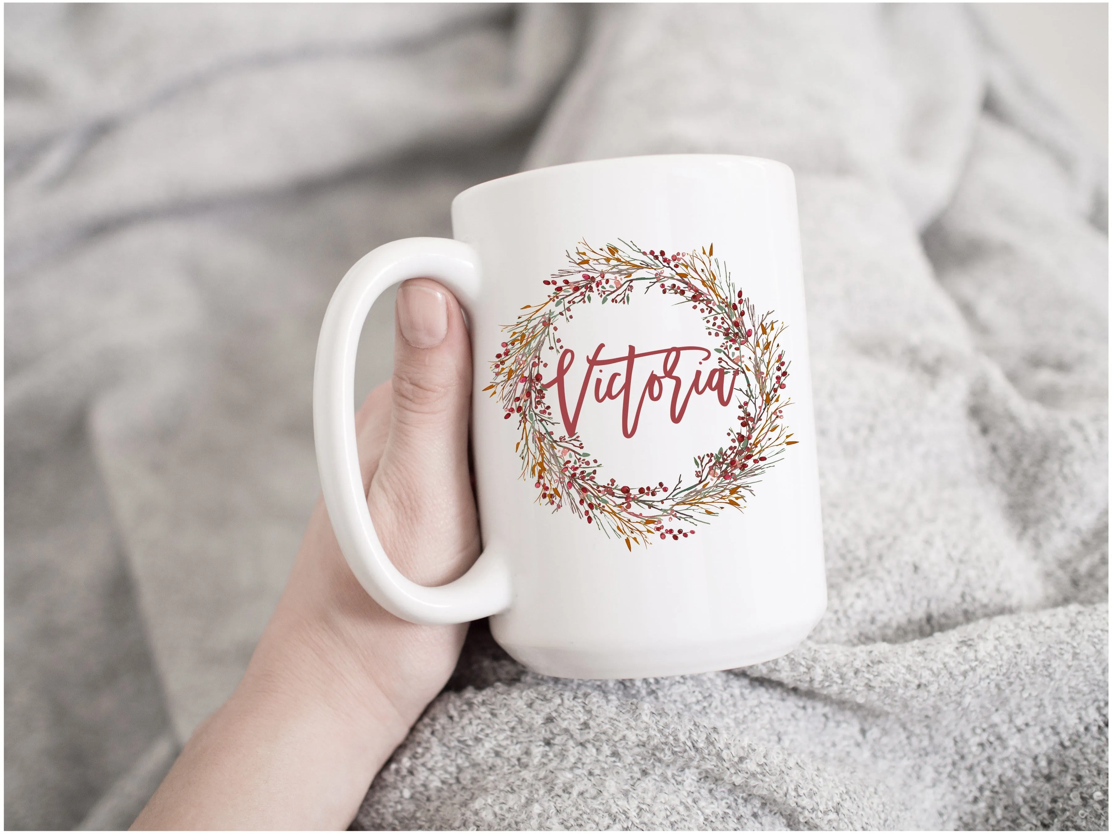 Personalized Holiday Wreath mug with name