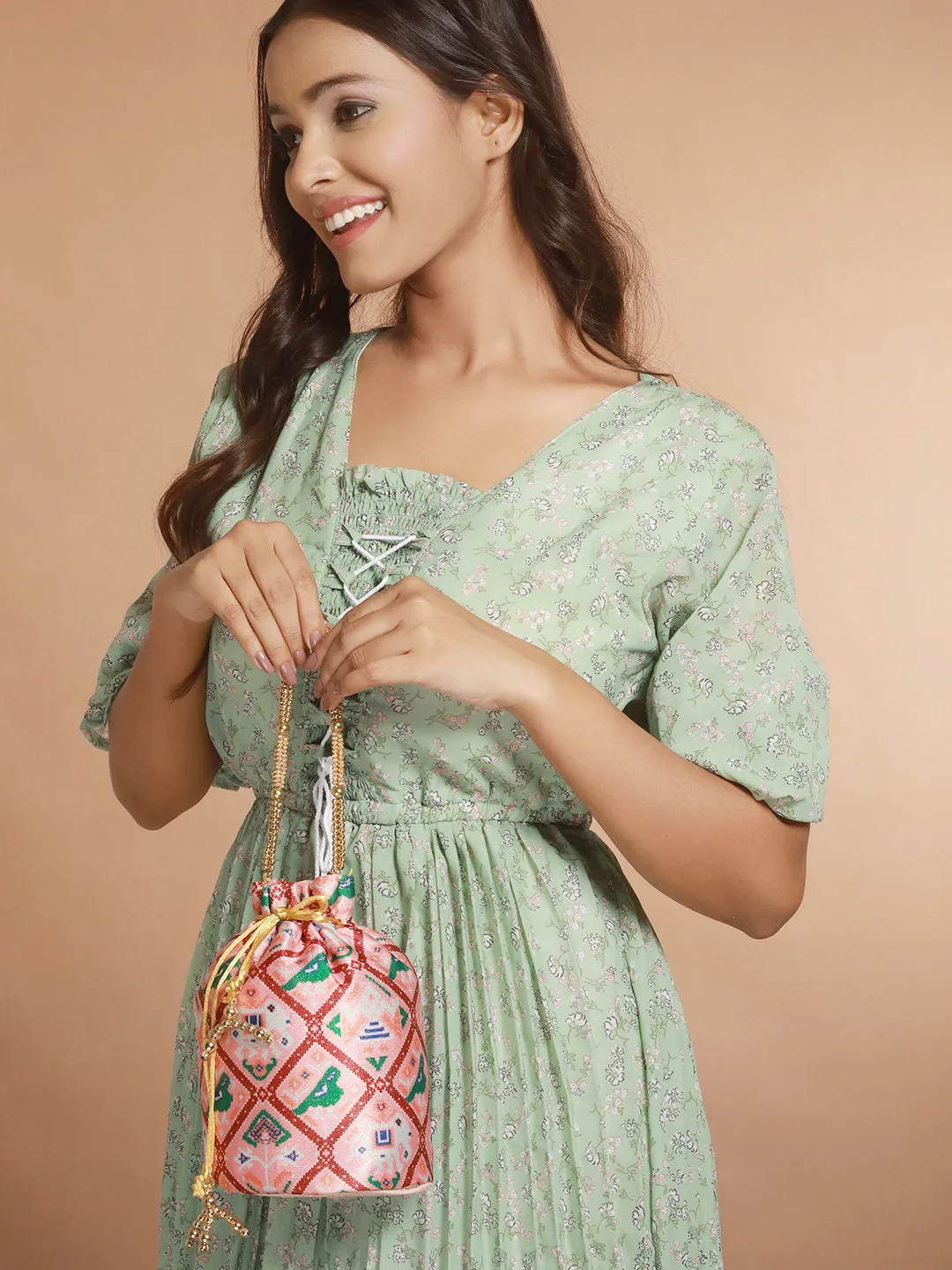 Pink & Green Embroidered Embellished Potli Clutch