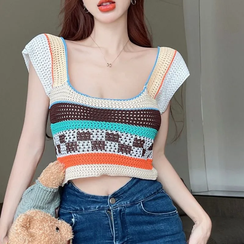 Rainbow Color Block Crochet Knitted Crop Long Sleeve Hollow Out Knit Blouse